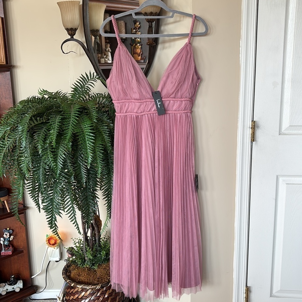 Brand New Lulus Sweet Goddess Mauve Mesh Pleated Sleeveless Midi Dress Lined